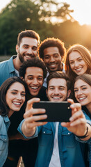 Obraz premium A diverse group of happy friends taking a joyful selfie outdoors at sunset