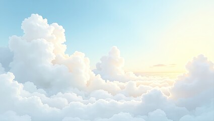 Dramatic fluffy clouds dominate the blue sky, illuminated by a gentle, warm sunlight creating a heavenly atmosphere with a calming and peaceful mood, depicting a bright, serene day in the atmosphere.