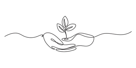 Continuous line drawing of human hands gently cradling a young plant sprout, symbolizing nature's growth, care, and environmental protection.