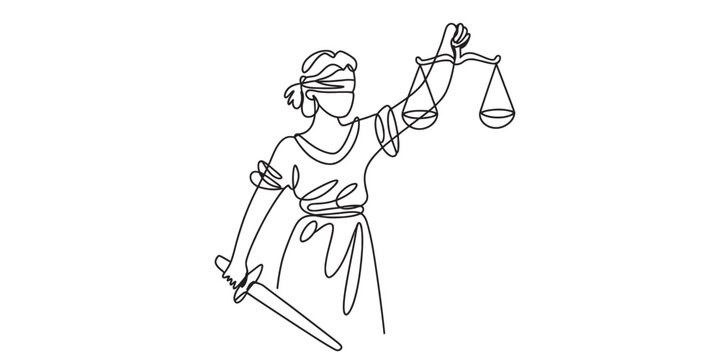 Continuous line drawing of blindfolded lady justice holding scales of justice and sword, symbolizing fairness and legal impartiality on white