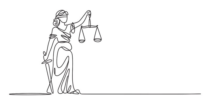 Continuous one line drawing of lady justice with blindfold, scales and sword, symbolizing law, equality, and impartial judgment