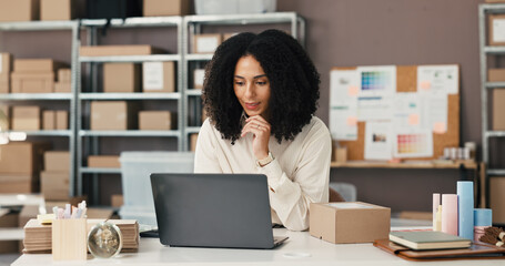 Ecommerce, logistics or woman with laptop in office, review stock info or check supplier contact...