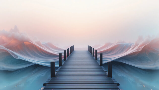 Minimal dock scene blended with abstract soft waves, pastel tones” - Powered by Adobe