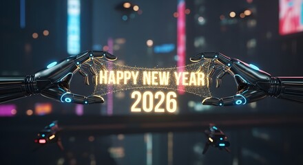 Happy new year futuristic greeting card with robot hands for year of the future celebration party