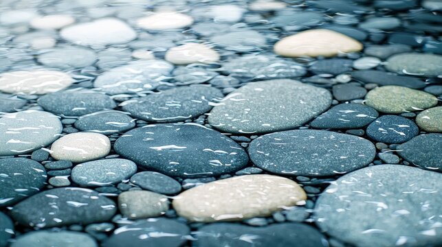 Smooth, rounded stones of various sizes and colors are partially submerged in shallow, clear water, creating a serene and natural texture.