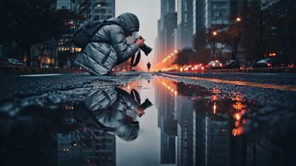 Urban Reflections - Photographer Captures Cityscape in Rain Puddles at Dusk.