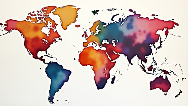 Colorful watercolor style world map, depicting continents in various shades of red, orange, yellow, blue, and purple, against a bright white background, showing geopolitical regions and geographical - Powered by Adobe