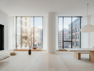 Fototapeta premium Modern interior design showcases bright living space with large windows and minimalist decor in an urban apartment