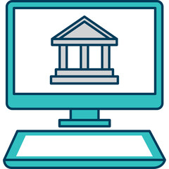 Teal computer monitor displaying a classical building illustration with a matching keyboard on a transparent background conceptualizing digital finance and online banking services