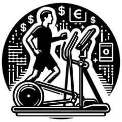 Illustration of a man on an elliptical machine with money symbols and circuit board background design