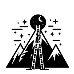 Person climbing ladder to moon above mountains surrounded by stars in a night time scene illustration
