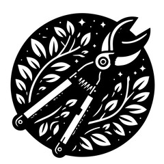 Illustration of pruning shears surrounded by leaves and stars inside a black circle shape art