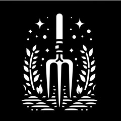Illustration of a gardening fork surrounded by plants stars and a dark background in a vector format
