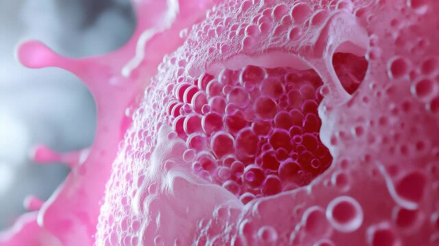 Closeup view of a realistic cell showcasing nucleus and cellular structures during microscopic examination, Closeup view of a realistic cell with nucleus and wall