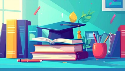 Modern Education Learning Concept Creative education and learning scene featuring books, digital tablets, and study materials. Great for schools, online courses, and informational content.