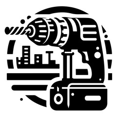 Illustration of a black drill with a city skyline in the background inside a circle shape art