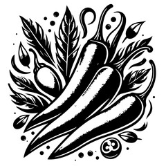 Detailed monochrome illustration of three chili peppers surrounded by leaves and small dots artfully