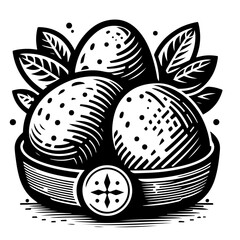 Illustration of three speckled eggs in a bowl surrounded by leaves in black and white style art
