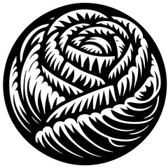 Stylized black and white rose blossom with intricate petal design inside a circular frame shape
