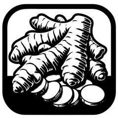 A black and white illustration of ginger root with several slices in a rounded square frame design
