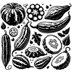Illustration of assorted gourds and squashes including pumpkins leaves and cross sections in black and white