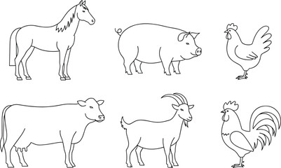 Fototapeta premium Set of Farm Animals Outline Icons, Including Horse, Pig, Chicken, Cow, Goat, and Rooster, Livestock Line Art Collection for Agricultural Design Vector.