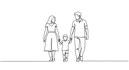 A simple line drawing of a family walking together happily