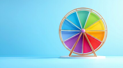 Obraz premium A brightly colored wheel divided into segments of various hues, resembling a wheel of fortune or color wheel, is displayed against a solid blue backdrop.
