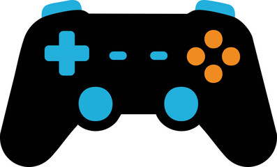 A modern black game controller illustration featuring blue and orange buttons, perfect for gaming, e-sports, and technology projects