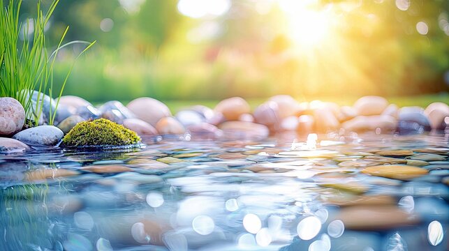 A close-up view of smooth, rounded stones partially submerged in clear water, with vibrant green grass and a bright sunlit background.