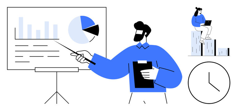 Businessman presenting data on chart, woman with laptop working on stacked blocks, clock indicating time. Ideal for teamwork, analytics, productivity, planning, education, strategy simple flat