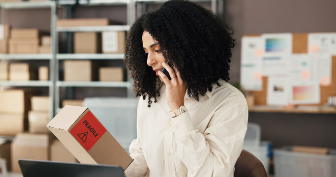 Phone call, box and ecommerce with woman in warehouse for supplier, fragile cargo and contact. Delivery confirmation, shipping help desk and courier advisor with person for distribution faq and order