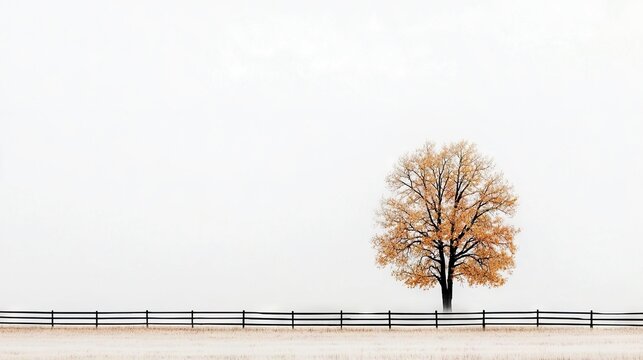 A single tree with vibrant golden foliage is silhouetted against a pale, foggy sky, separated from the viewer by a dark wooden fence.