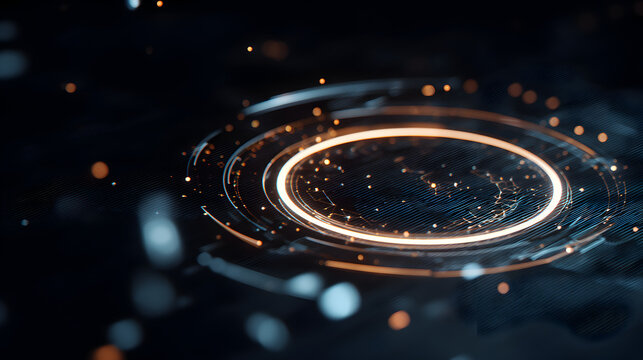 Technological Innovation: A cutting-edge circular interface illuminates against a dark, dynamic background, symbolizing progress.