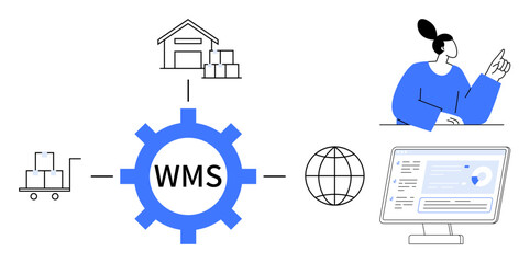 Central gear labeled WMS connects warehouse, cart, globe, and user at computer screen. Ideal for logistics, inventory, software, automation supply chain ecommerce product management. Simple flat