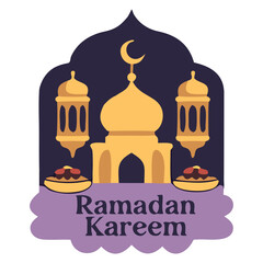 Ramadan kareem greeting with an illustration of a mosque and crescent moon, designed in a traditional islamic art style, perfect for cultural celebrations.