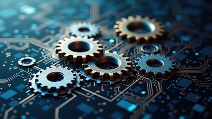 Metallic gears of various sizes and colors arranged on a detailed printed circuit board, showcasing a futuristic technology concept with a shallow depth of field that accentuates the intricate...
