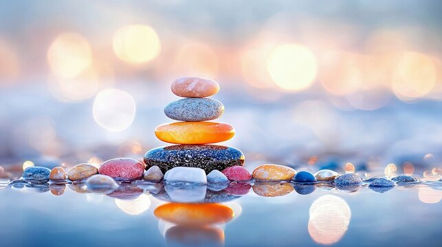 A stack of balanced, smooth, colorful stones sits on a wet beach with soft, out-of-focus lights in the background. - Powered by Adobe