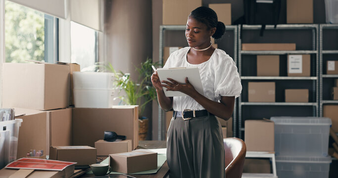 Supply chain, clipboard and black woman in office, writing and planning with checklist for stock. African person, import and distribution with documents, inventory management and schedule for export