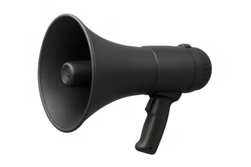 Black megaphone amplifying voice during protest, making announcement, communicating message, on transparent background