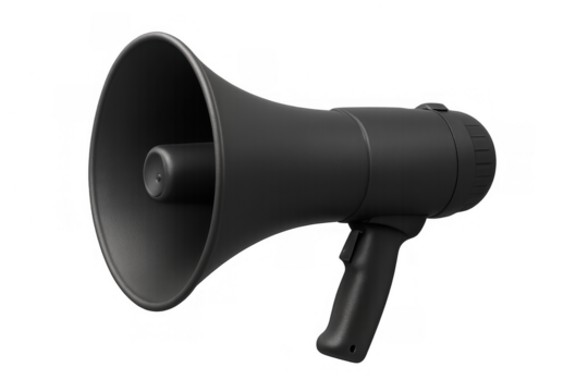 Black megaphone amplifying voice during protest, making announcement, communicating message, on transparent background