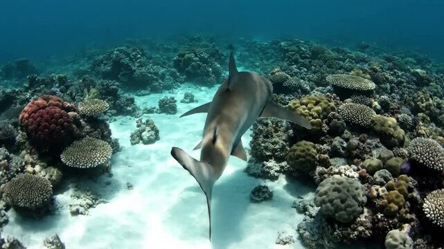 Dynamic underwater footage of a shark in pursuit of unseen prey, capturing the speed, agility, and primal energy of the chase within its environment. Fast paced, tracking shot, emphasizing motion?