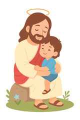 Cute pastel illustration of Jesus hugging a child, symbolizing love, safety, and kindness.
