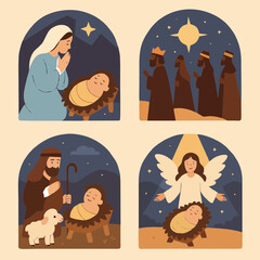 Nativity-inspired window panels with Mary, Joseph, baby Jesus, shepherds, and angel in warm pastel tones.