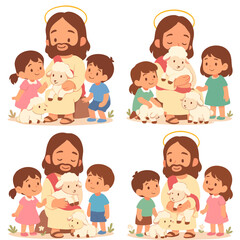 Jesus surrounded by joyful children and lambs, symbolizing innocence, love, and divine care in a cute pastel artwork.
