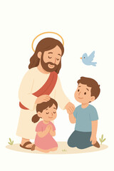 Pastel illustration of Jesus comforting two children with a peaceful dove nearby, symbolizing love, peace, and divine protection.
