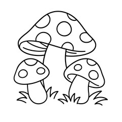 Illustration of three mushrooms with polka dots in black and white outline style