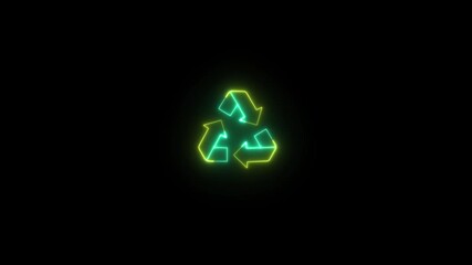 Neon glowing line recycle symbol icon animation on the black background. - Powered by Adobe