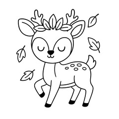 A cute deer with leaves on its head and spots on its body in a black and white drawing