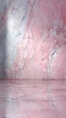Fototapeta premium Elegant Pink Marble Surface With Gold Veining And Reflective Floor